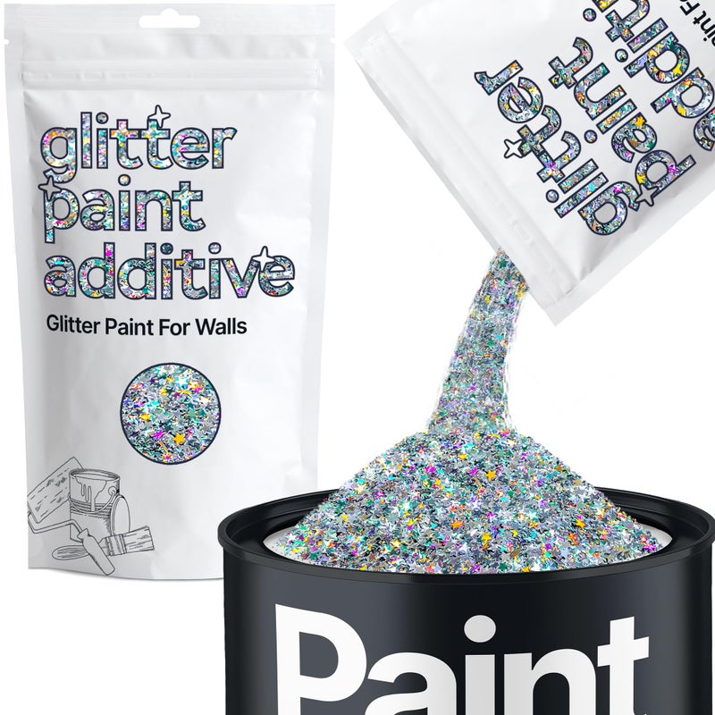 Hemway Glitter Paint Additive Glitter Crystals for Acrylic Paint, Interior & Exterior Walls, Wood, Varnish, Furniture, Matte, Gloss, Satin, Silk - 100g / 3.5oz - Silver Holographic Stars - Image 1